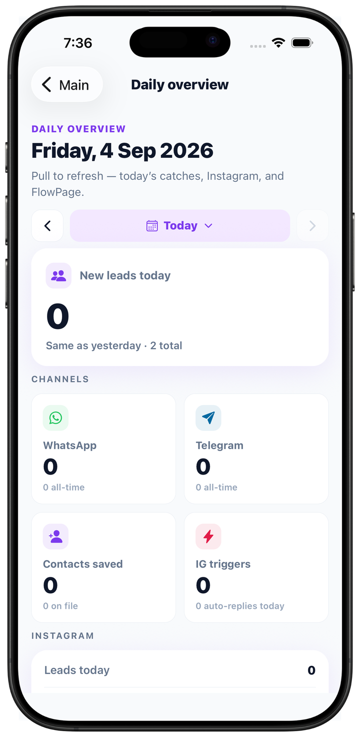 Catcher daily overview on iPhone